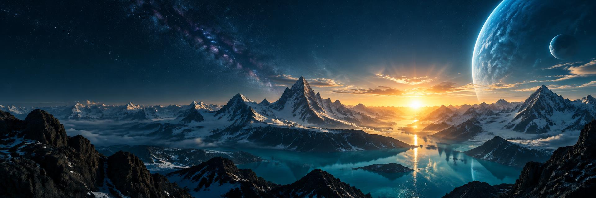 Mountain sunrise beneath a cosmic sky